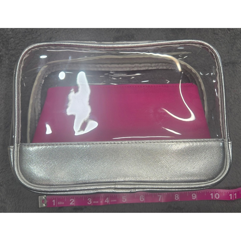 Silver Metallic Clear 3 Piece Cosmetic Travel Bag Set Pink Pouch Woven Dome Bag - Picture 2 of 3